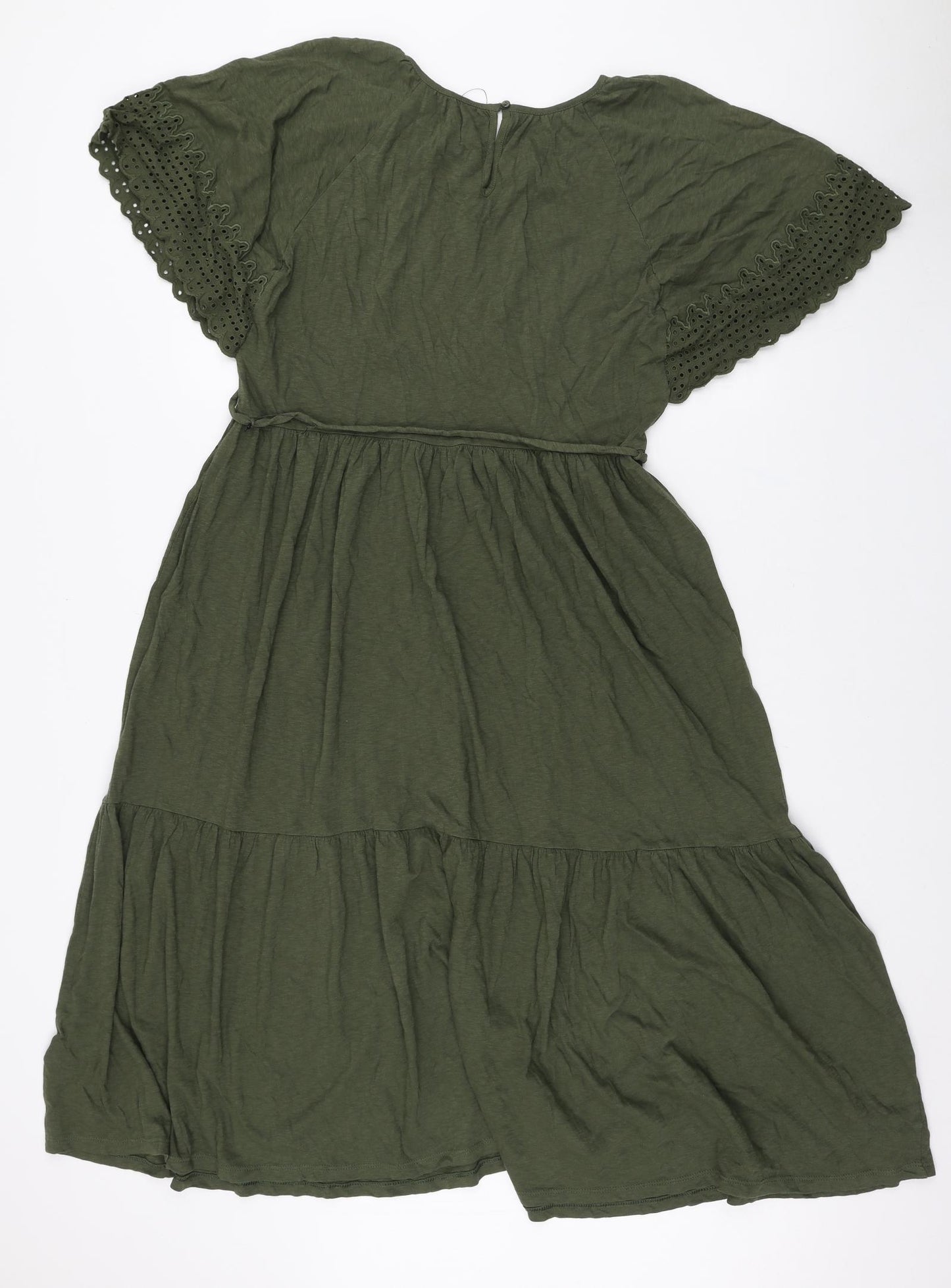 Marks and Spencer Womens Green Cotton Fit & Flare Size 14 Round Neck Tie - Lace sleeve detail