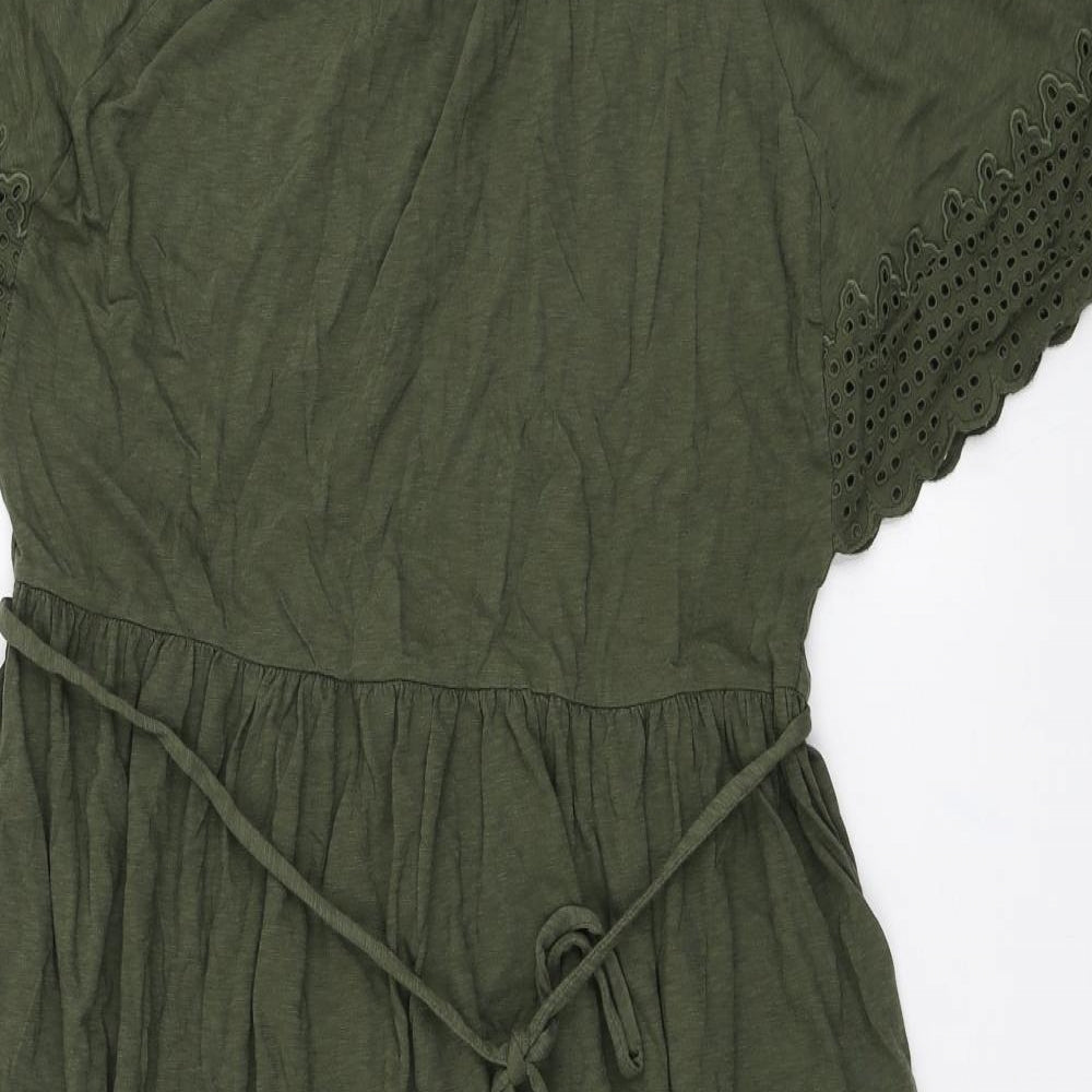 Marks and Spencer Womens Green Cotton Fit & Flare Size 14 Round Neck Tie - Lace sleeve detail