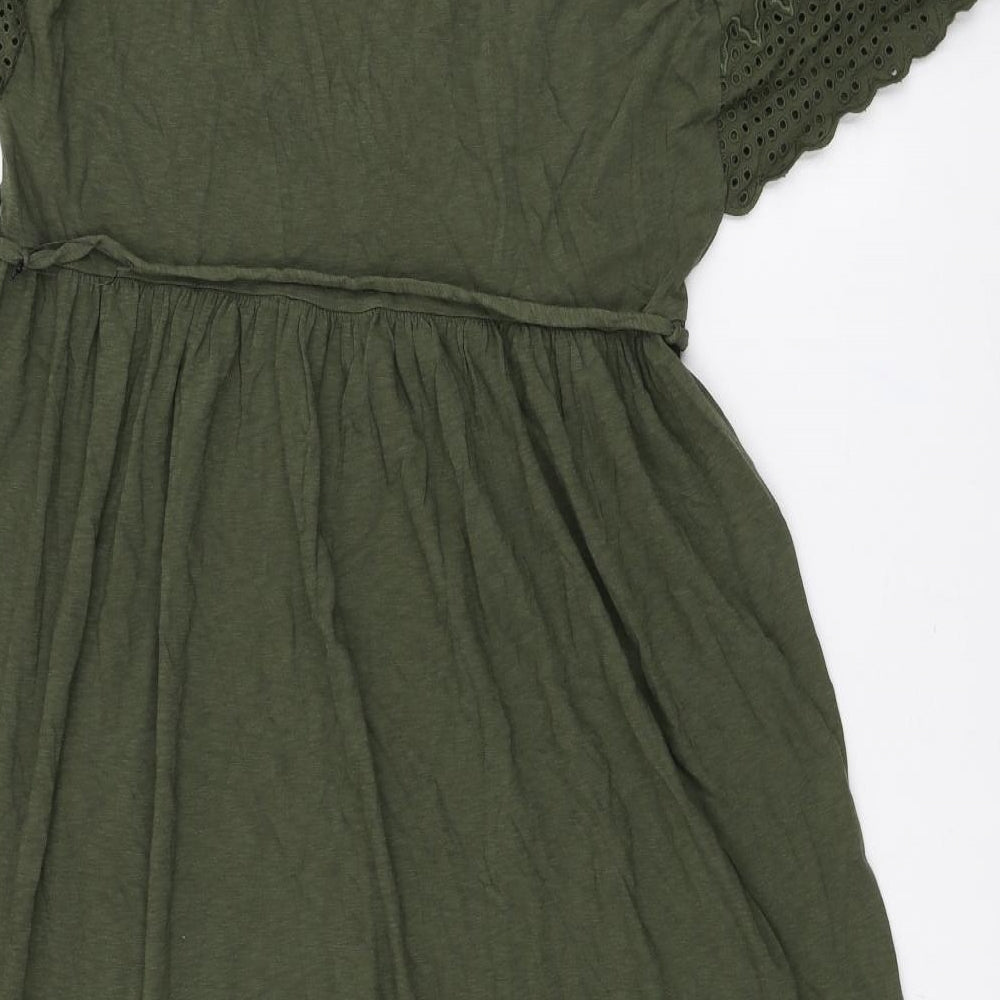 Marks and Spencer Womens Green Cotton Fit & Flare Size 14 Round Neck Tie - Lace sleeve detail