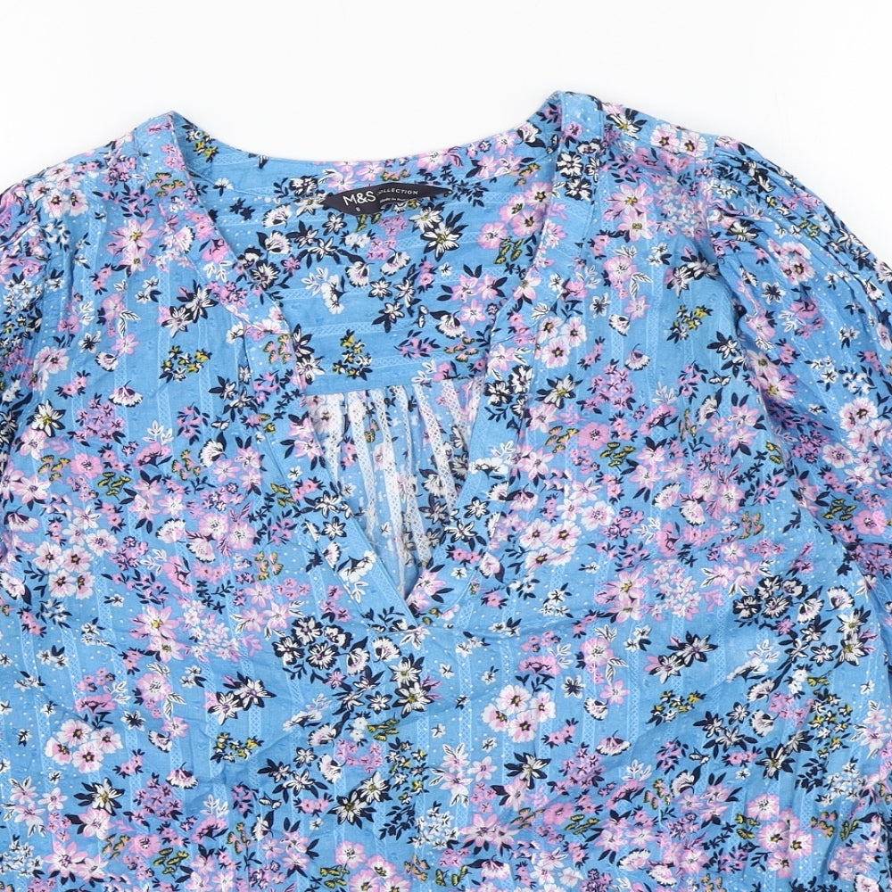Marks and Spencer Womens Blue Floral Cotton Basic Blouse Size 8 V-Neck