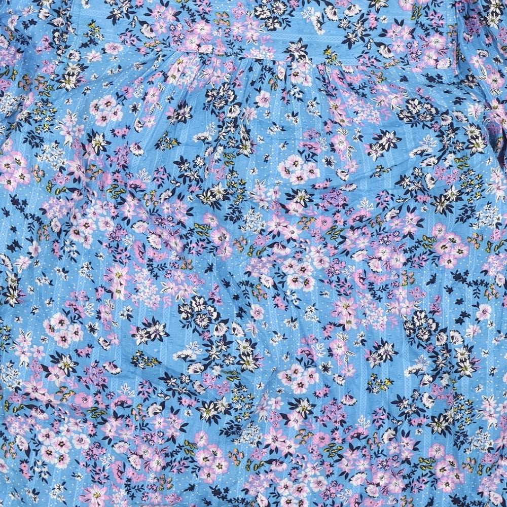 Marks and Spencer Womens Blue Floral Cotton Basic Blouse Size 8 V-Neck