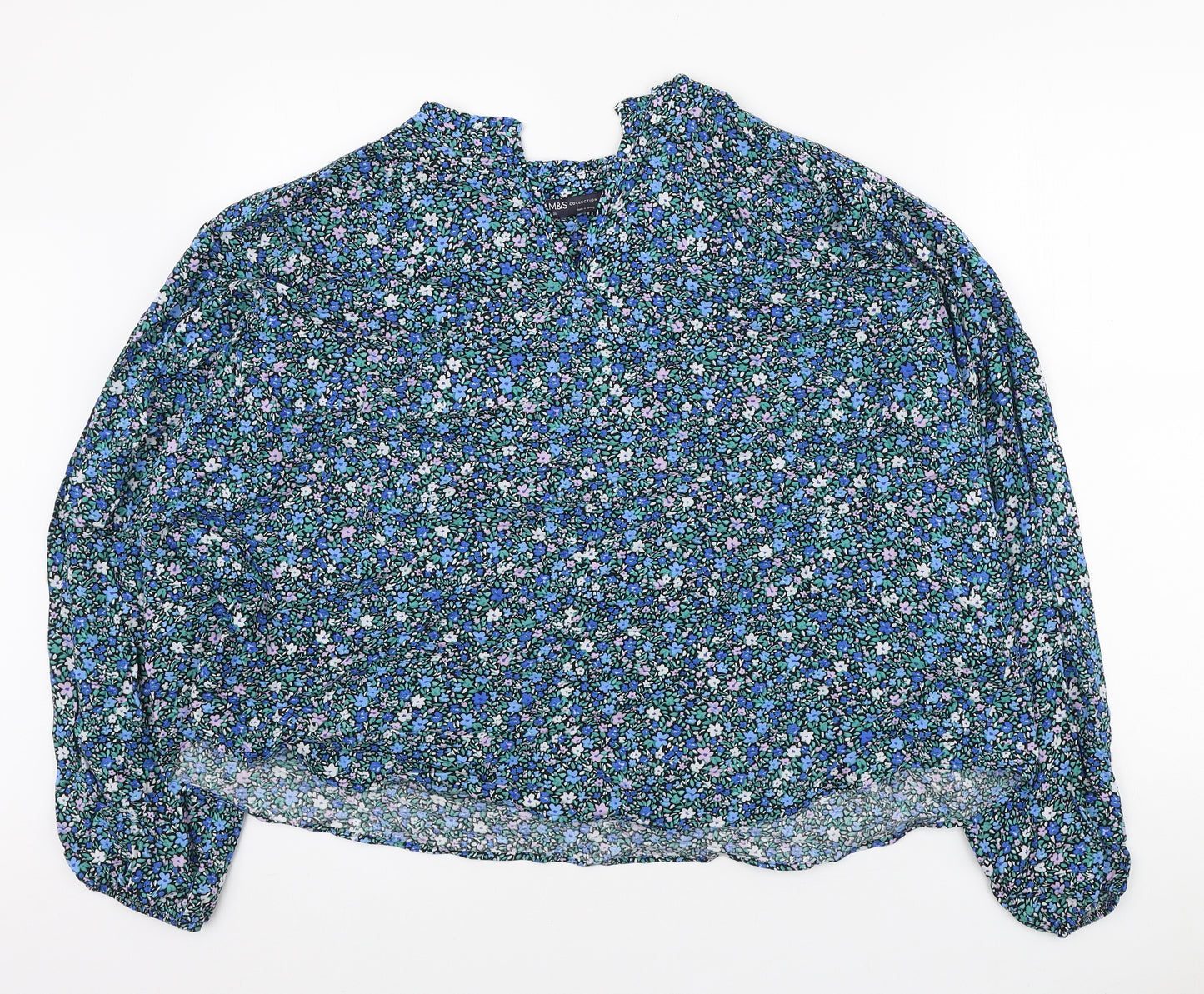 Marks and Spencer Womens Blue Floral Viscose Basic Blouse Size 20 V-Neck