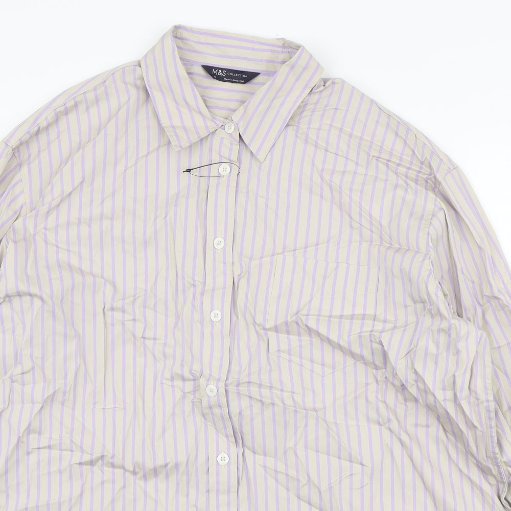 Marks and Spencer Womens Purple Striped Cotton Basic Button-Up Size 18 Collared