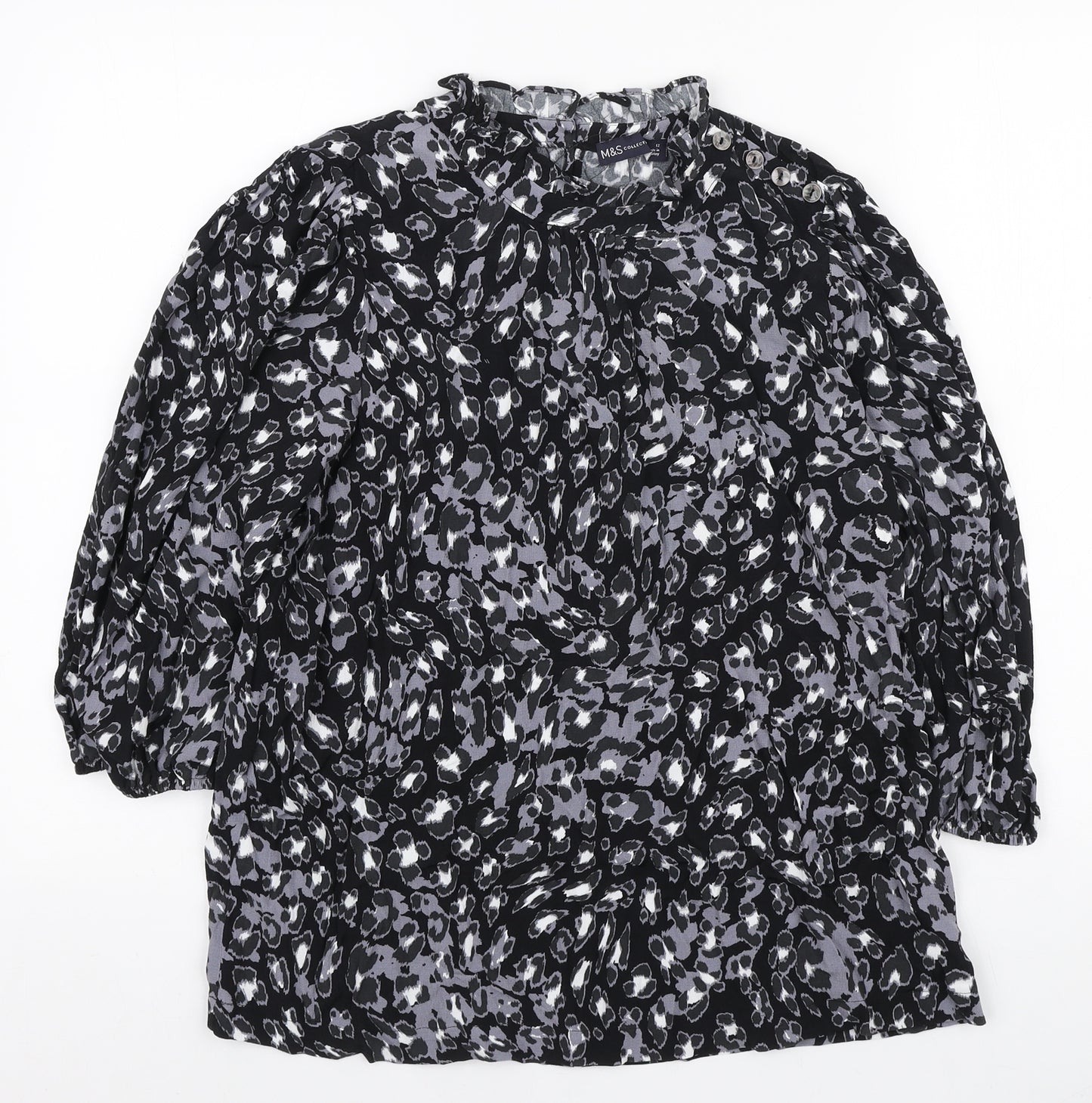 Marks and Spencer Womens Black Geometric Viscose Basic Blouse Size 12 Crew Neck