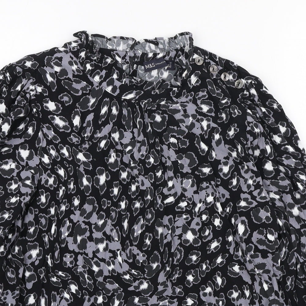 Marks and Spencer Womens Black Geometric Viscose Basic Blouse Size 12 Crew Neck