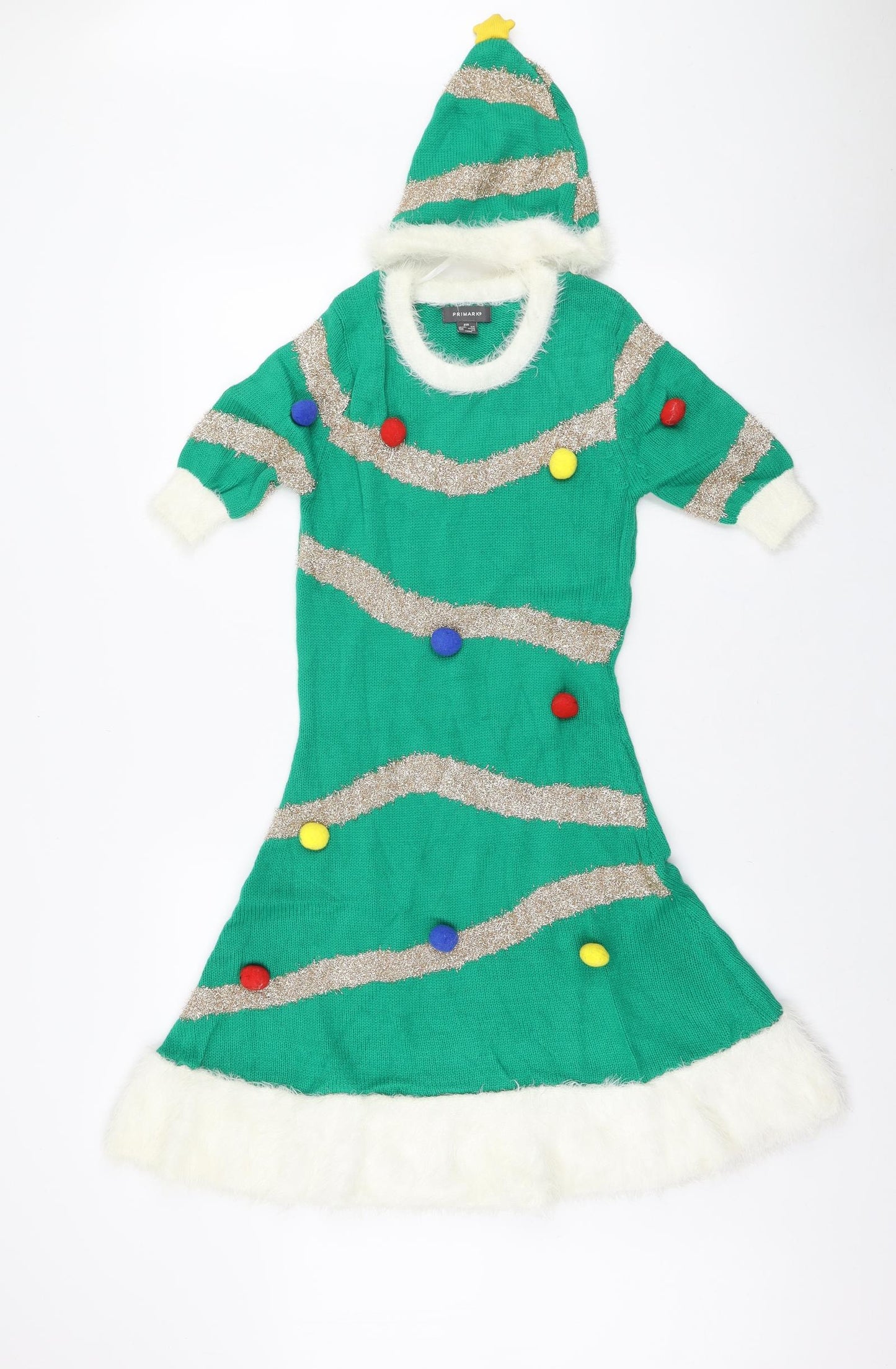 Primark Womens Green Acrylic A-Line Size 2XS Scoop Neck Pullover - Christmas Tree dress with hat
