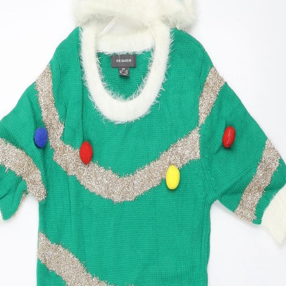 Primark Womens Green Acrylic A-Line Size 2XS Scoop Neck Pullover - Christmas Tree dress with hat