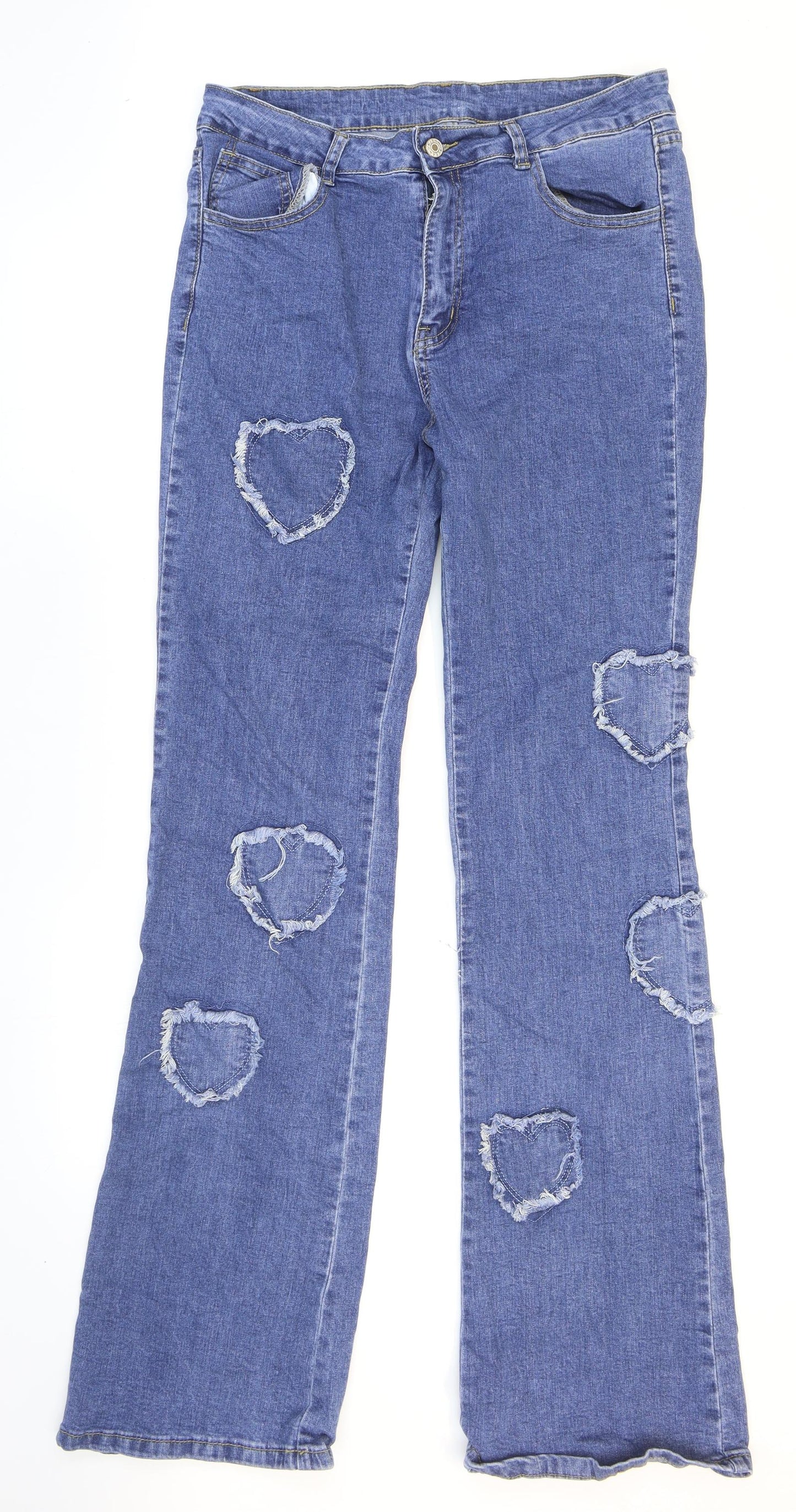 SheIn Womens Blue Cotton Flared Jeans Size L L33 in Regular Zip - Hearts