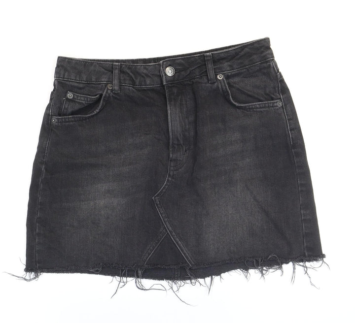 Topshop Womens Black Cotton Mini Skirt Size 10 Zip - Distressed Look