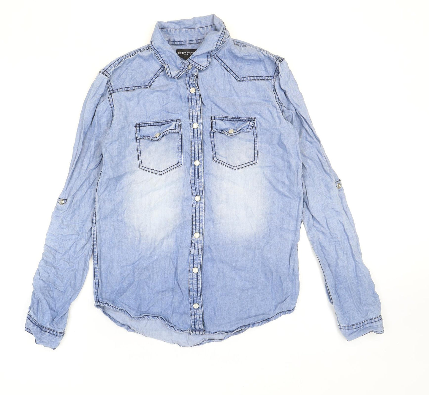 PRETTYLITTLETHING Womens Blue Cotton Basic Button-Up Size 6 Collared