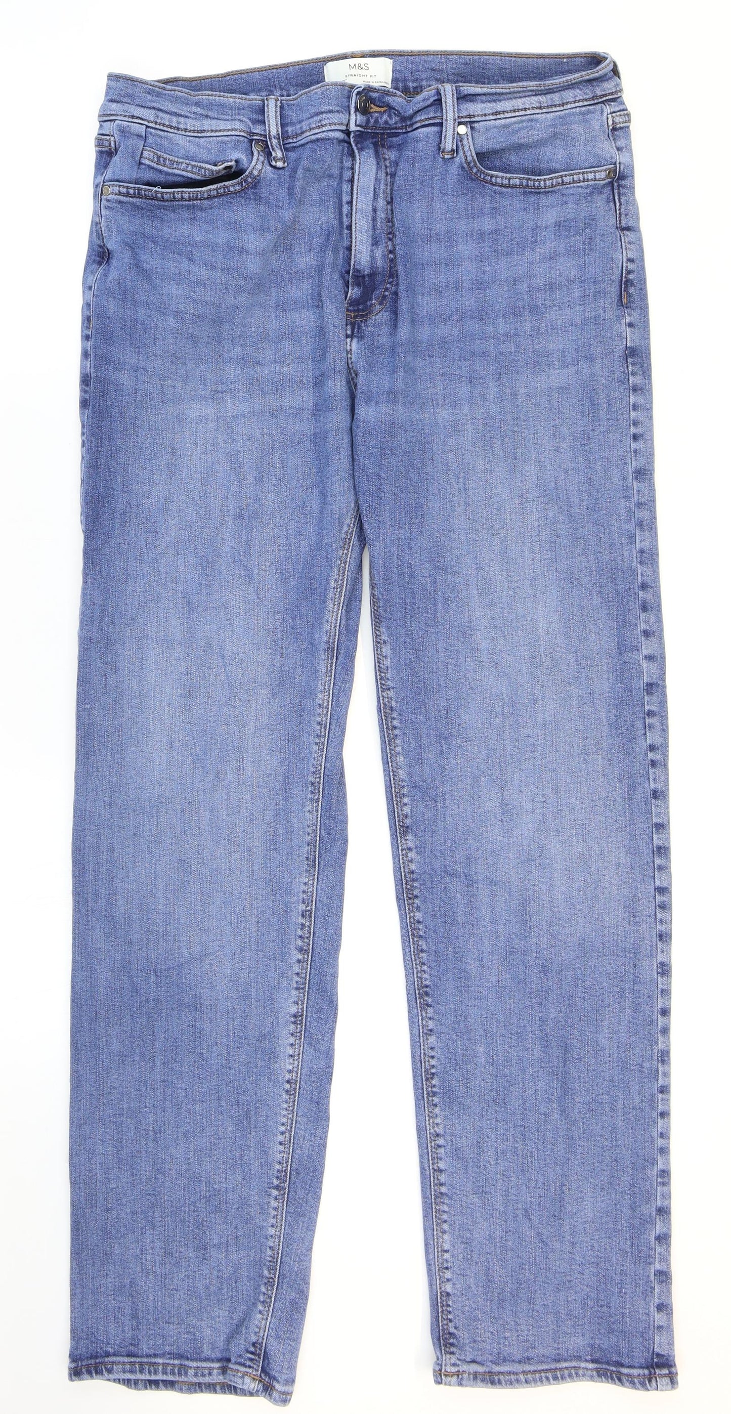 Marks and Spencer Mens Blue Cotton Straight Jeans Size 36 in L33 in Regular Zip