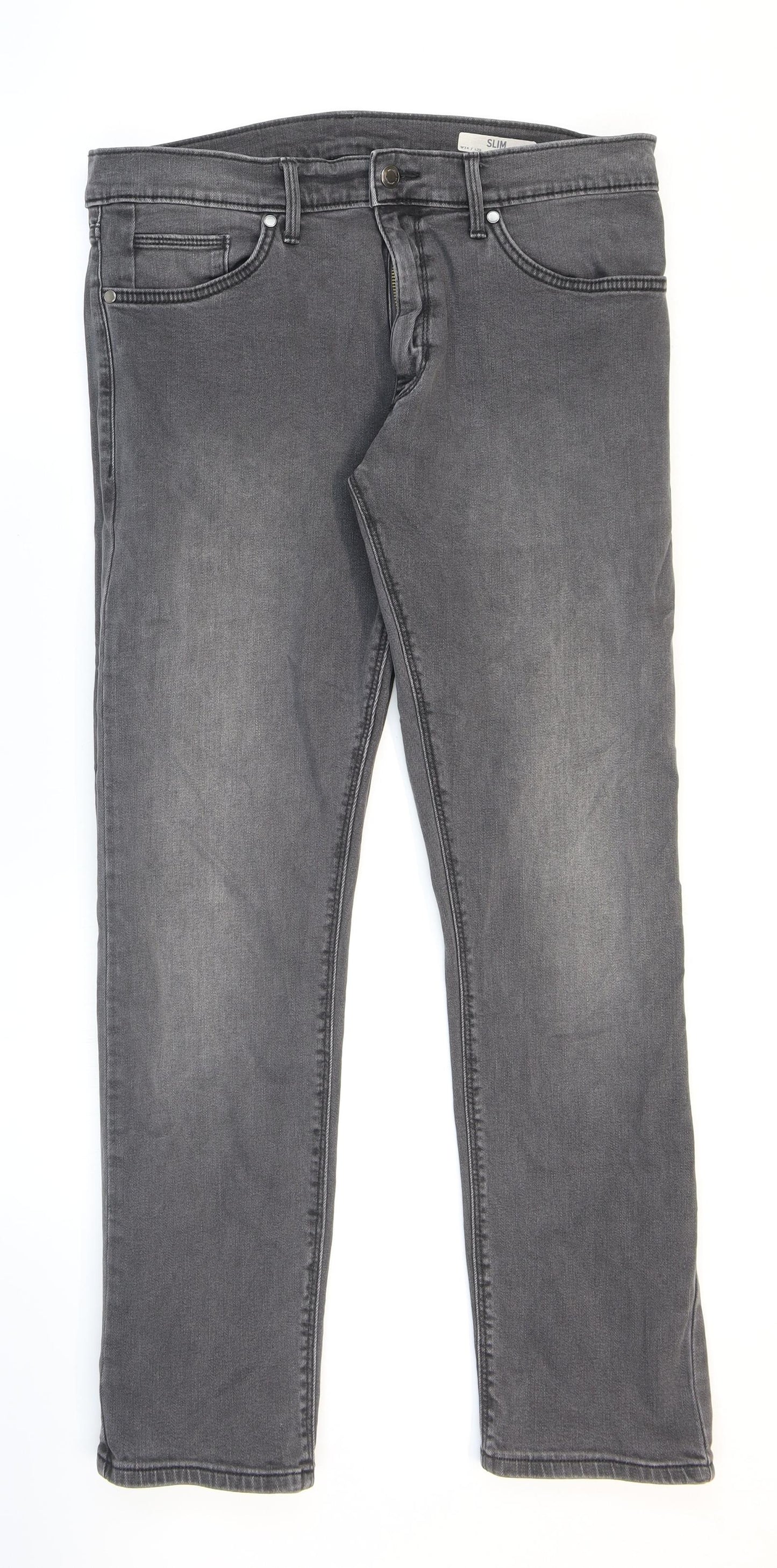 Marks and Spencer Mens Grey Cotton Tapered Jeans Size 34 in L29 in Regular Zip