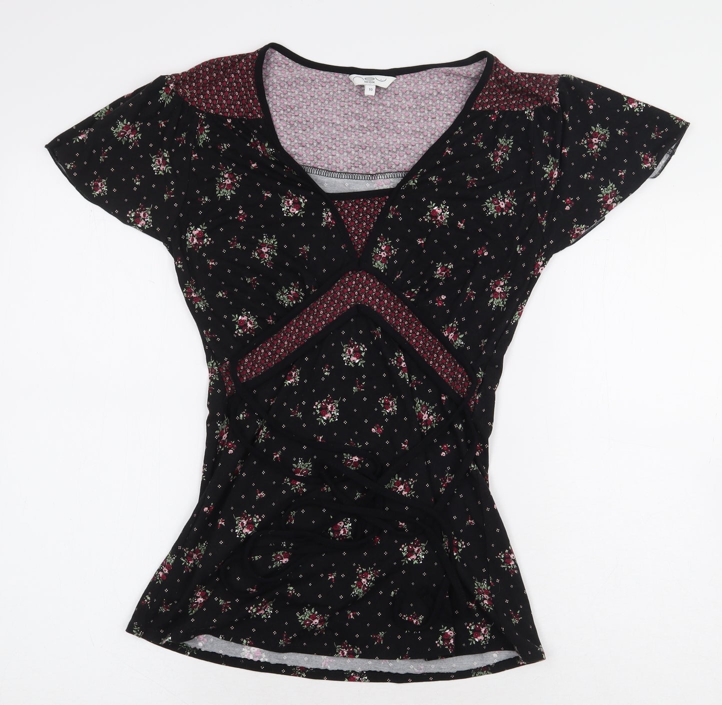 New Look Womens Black Floral Viscose Basic Blouse Size 10 V-Neck - Tie Front