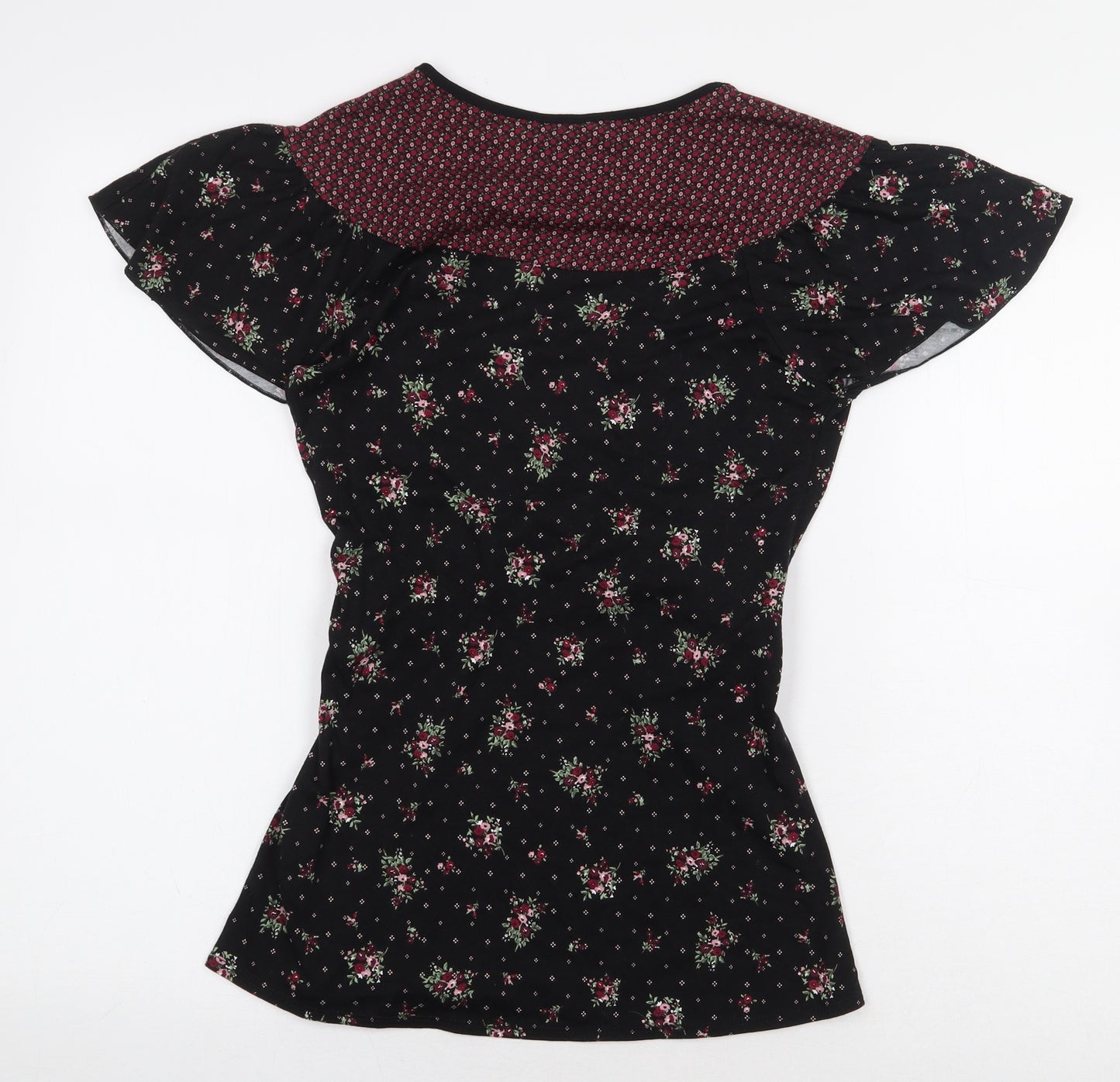 New Look Womens Black Floral Viscose Basic Blouse Size 10 V-Neck - Tie Front