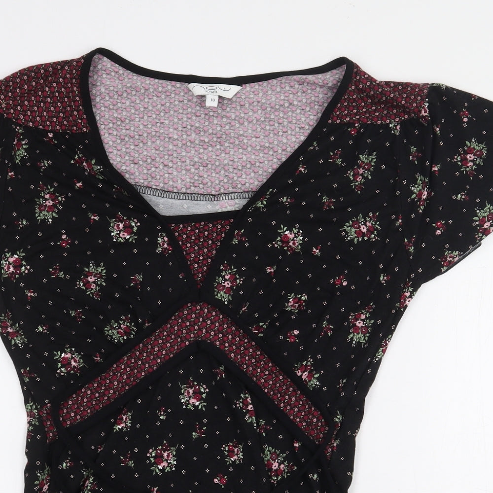New Look Womens Black Floral Viscose Basic Blouse Size 10 V-Neck - Tie Front