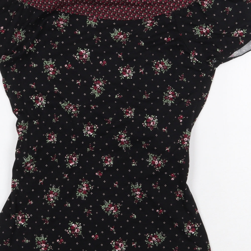 New Look Womens Black Floral Viscose Basic Blouse Size 10 V-Neck - Tie Front