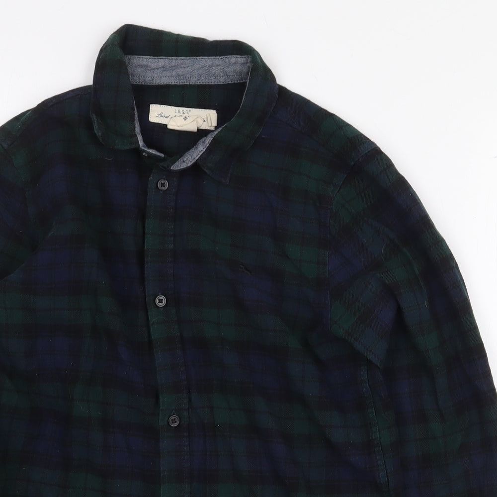 H&M Boys Green Plaid 100% Cotton Basic Button-Up Size 11-12 Years Collared Button