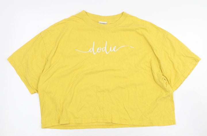 Gildan Womens Yellow 100% Cotton Cropped T-Shirt Size XL Round Neck