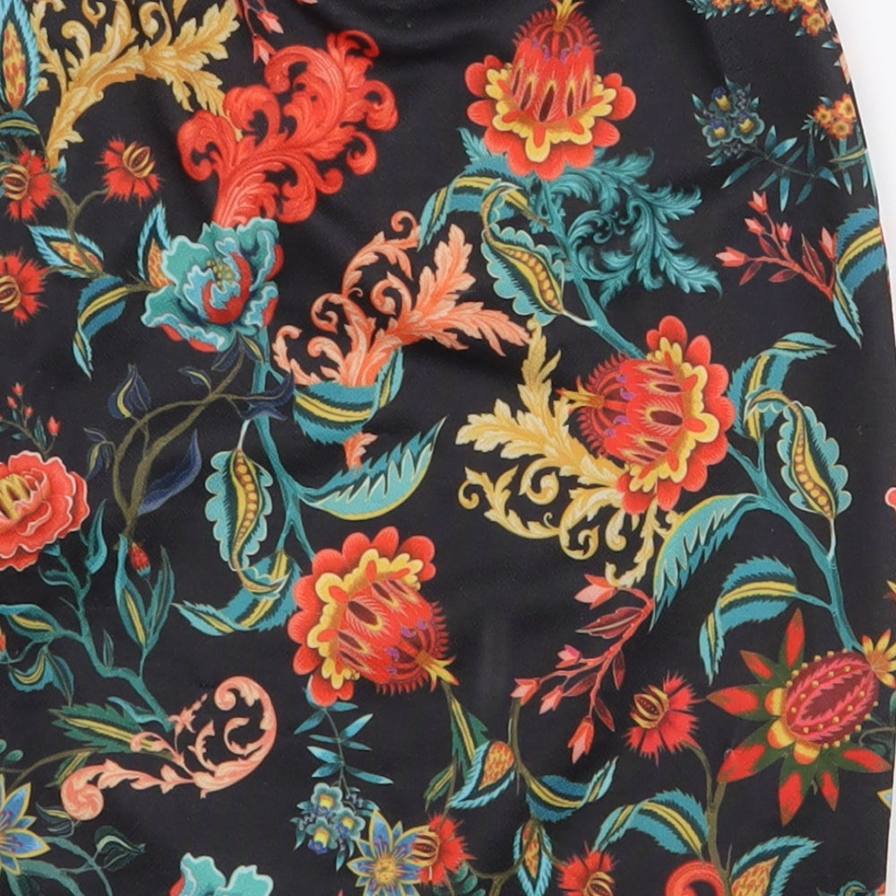 PRETTYLITTLETHING Womens Black Floral Polyester Mini Skirt Size 6 - Side Slit
