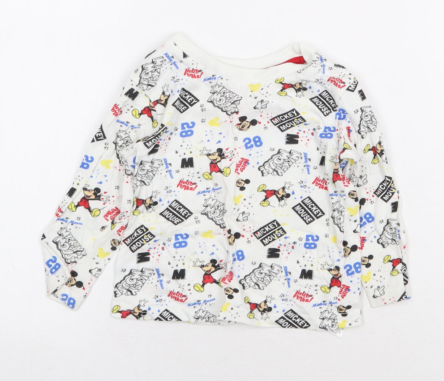 Disney Baby Baby White Geometric 100% Cotton Pullover T-Shirt Size 9-12 Months Round Neck Pullover - Mickey Mouse