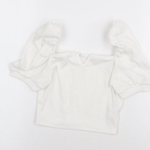 SheIn Girls White Polyester Cropped T-Shirt Size 11-12 Years Square Neck Pullover - Balloon Sleeve