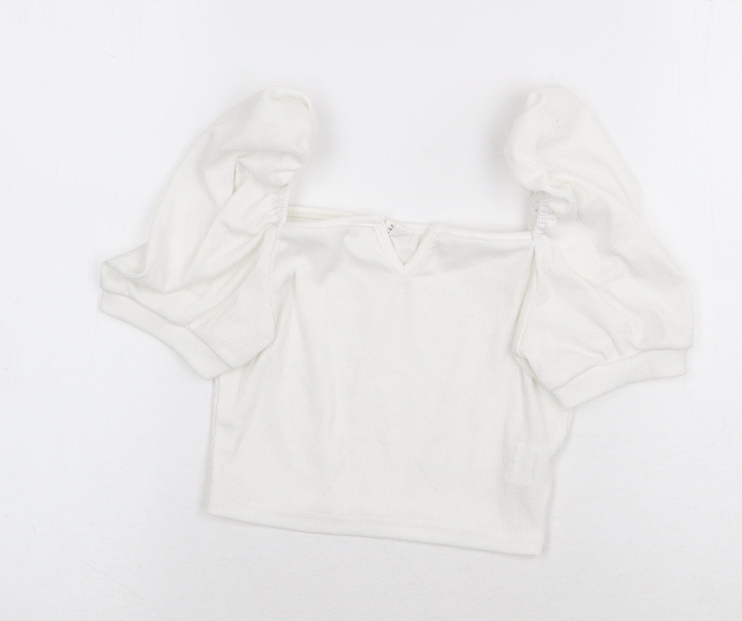 SheIn Girls White Polyester Cropped T-Shirt Size 11-12 Years Square Neck Pullover - Balloon Sleeve