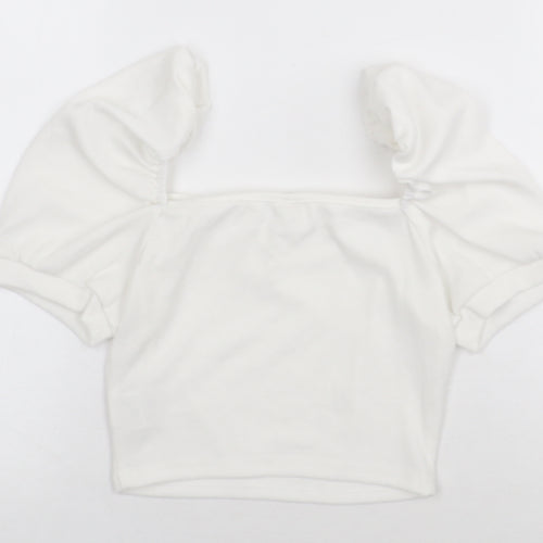 SheIn Girls White Polyester Cropped T-Shirt Size 11-12 Years Square Neck Pullover - Balloon Sleeve