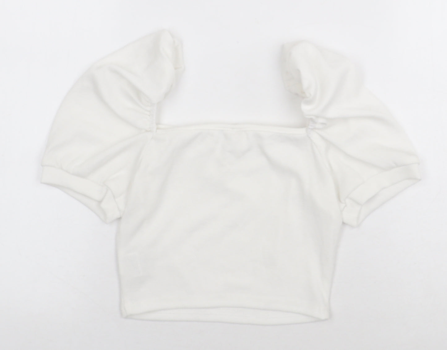 SheIn Girls White Polyester Cropped T-Shirt Size 11-12 Years Square Neck Pullover - Balloon Sleeve