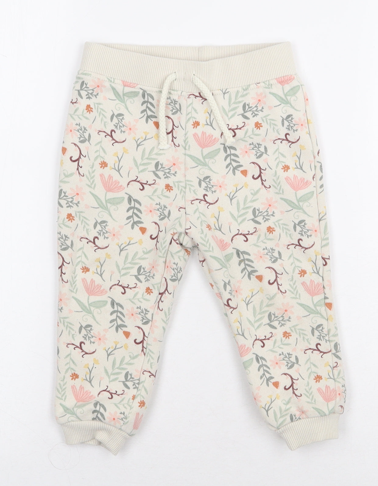 Primark Girls White Floral Cotton Sweatpants Trousers Size 12-18 Months Tie