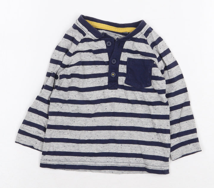 George Boys Grey Striped Cotton Basic T-Shirt Size 6-9 Months Round Neck Button