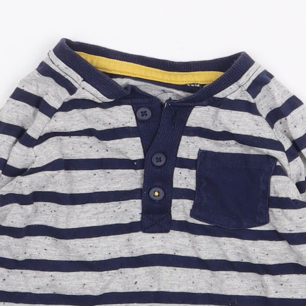 George Boys Grey Striped Cotton Basic T-Shirt Size 6-9 Months Round Neck Button