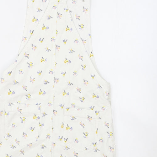 F&F Girls White Floral Cotton Pinafore/Dungaree Dress Size 11-12 Years Square Neck Button