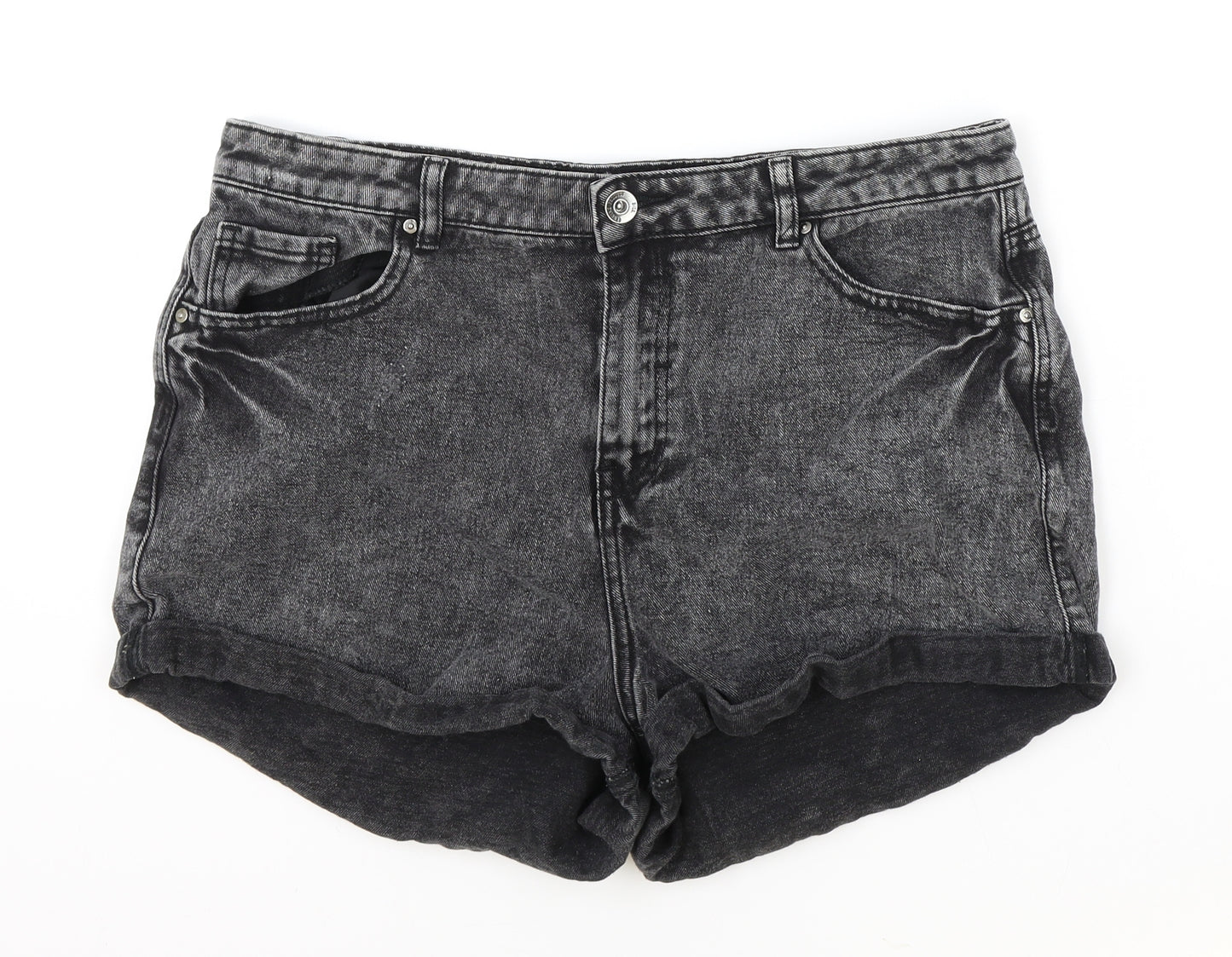 Primark Womens Black Cotton Hot Pants Shorts Size 16 Regular Zip - Acid Wash