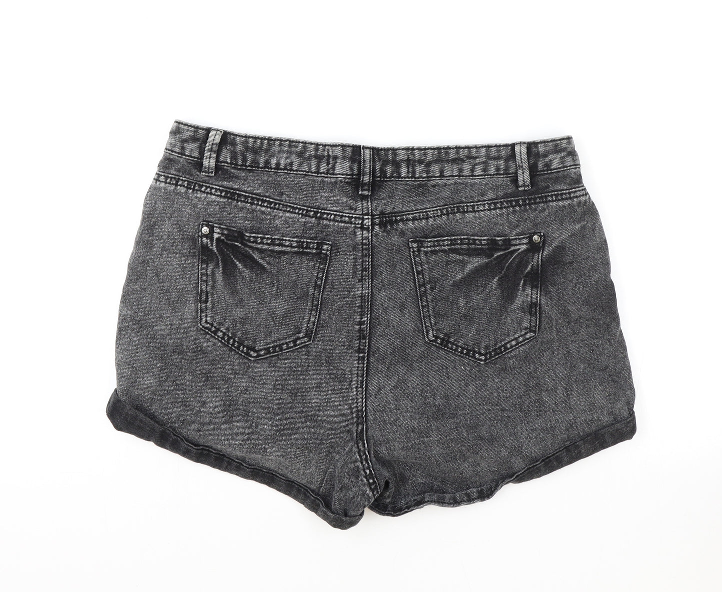 Primark Womens Black Cotton Hot Pants Shorts Size 16 Regular Zip - Acid Wash
