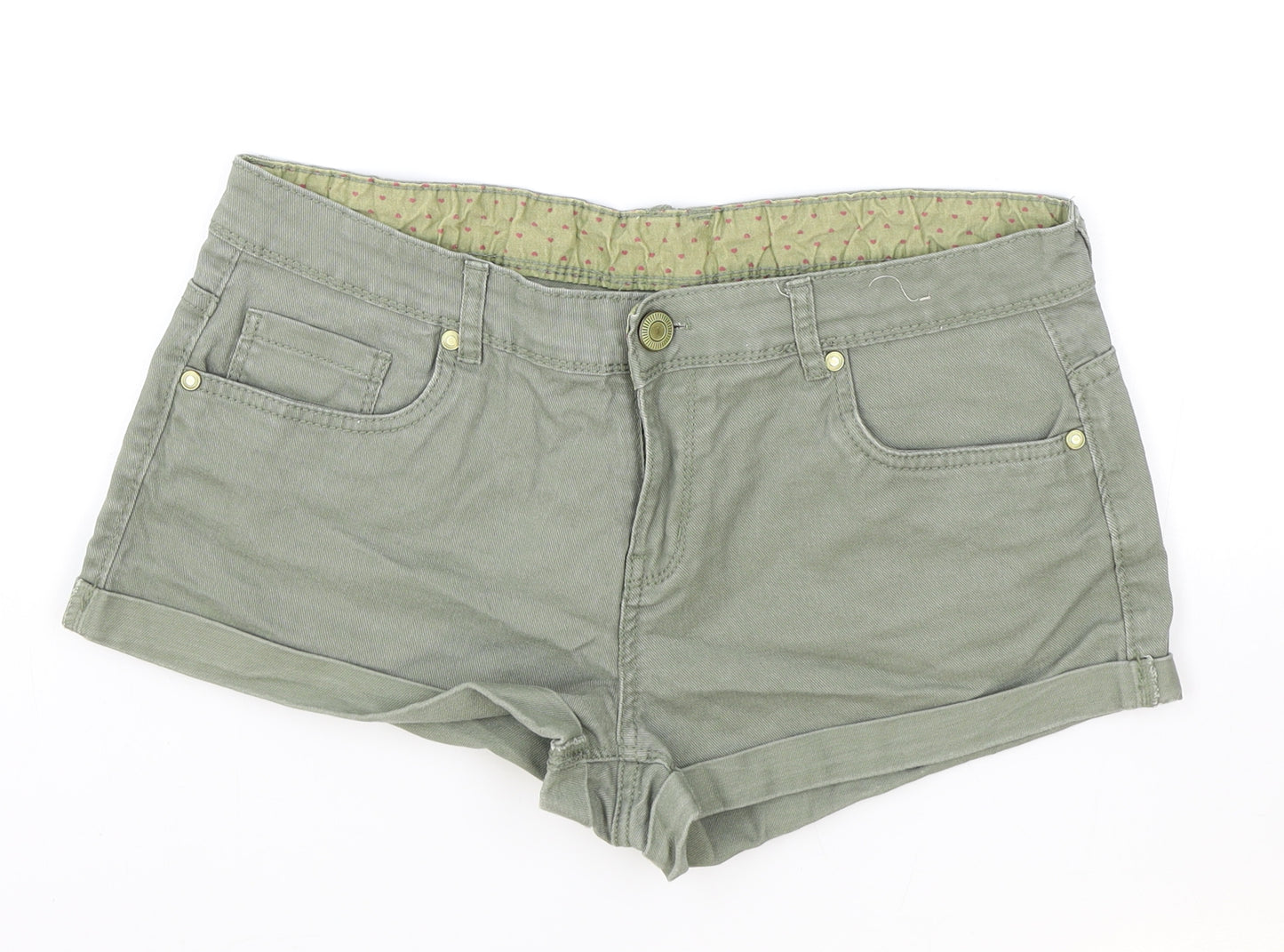Primark Womens Green Cotton Hot Pants Shorts Size 14 Regular Zip - Inside leg less than 3 inches.