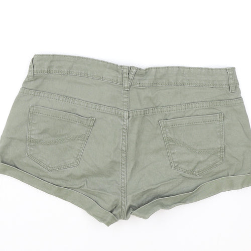 Primark Womens Green Cotton Hot Pants Shorts Size 14 Regular Zip - Inside leg less than 3 inches.
