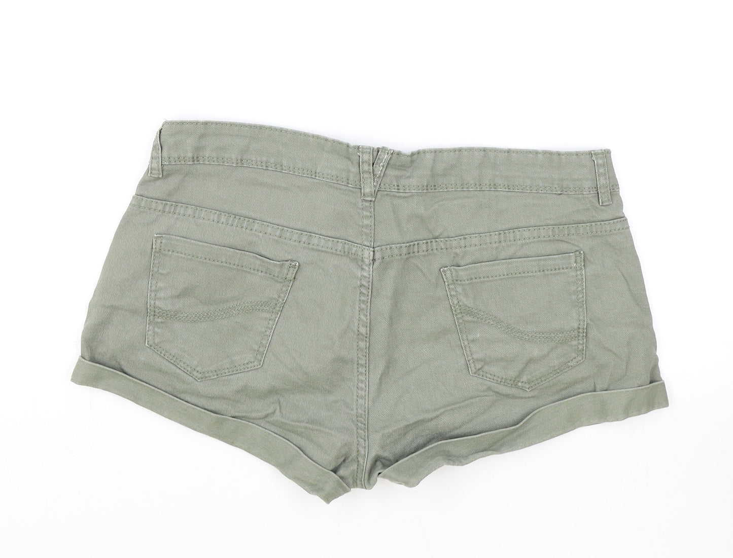Primark Womens Green Cotton Hot Pants Shorts Size 14 Regular Zip - Inside leg less than 3 inches.