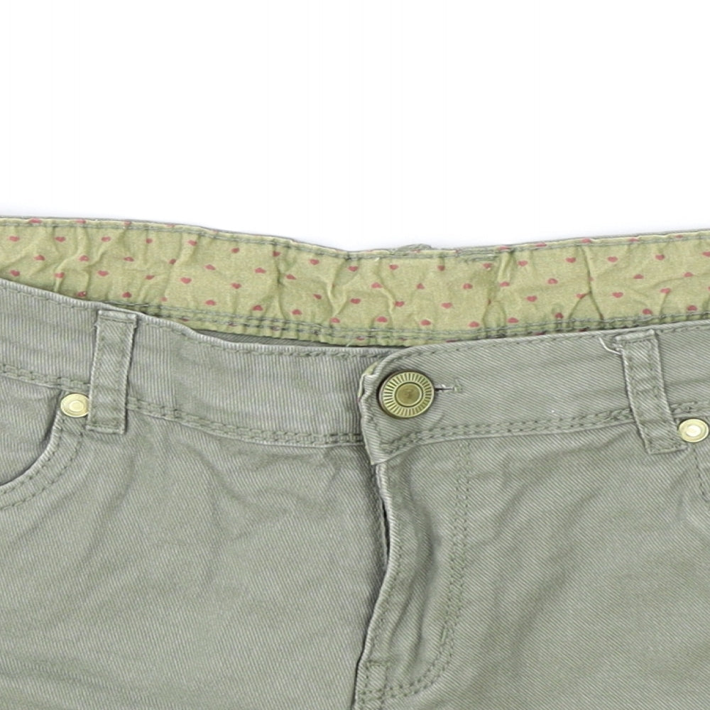 Primark Womens Green Cotton Hot Pants Shorts Size 14 Regular Zip - Inside leg less than 3 inches.