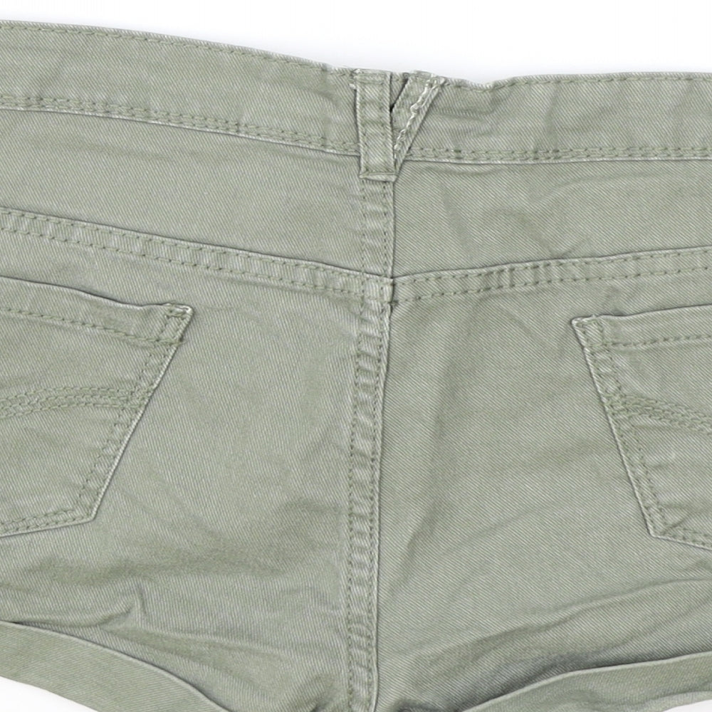 Primark Womens Green Cotton Hot Pants Shorts Size 14 Regular Zip - Inside leg less than 3 inches.