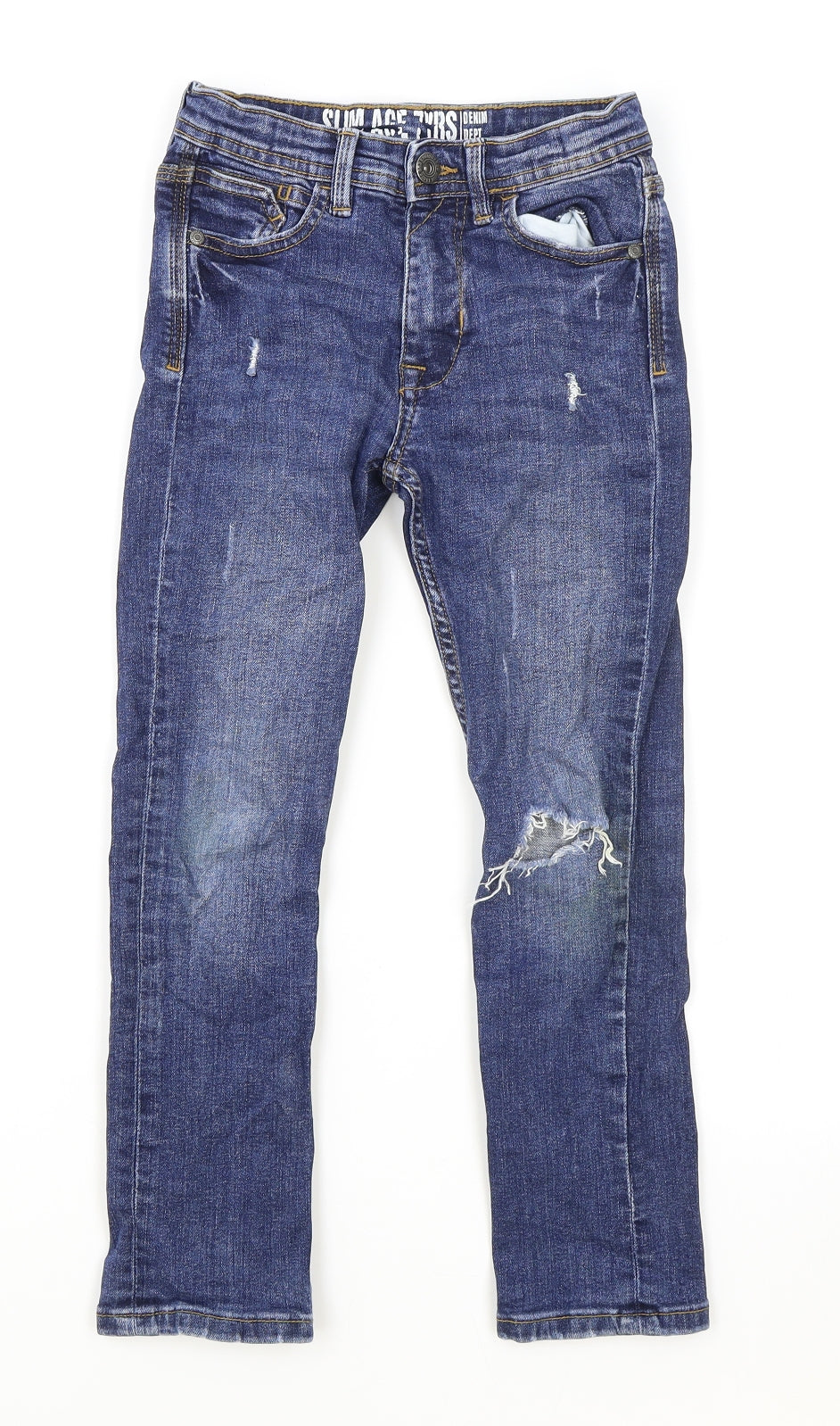Matalan Boys Blue Cotton Skinny Jeans Size 7 Years L21 in Regular Zip - Distressed