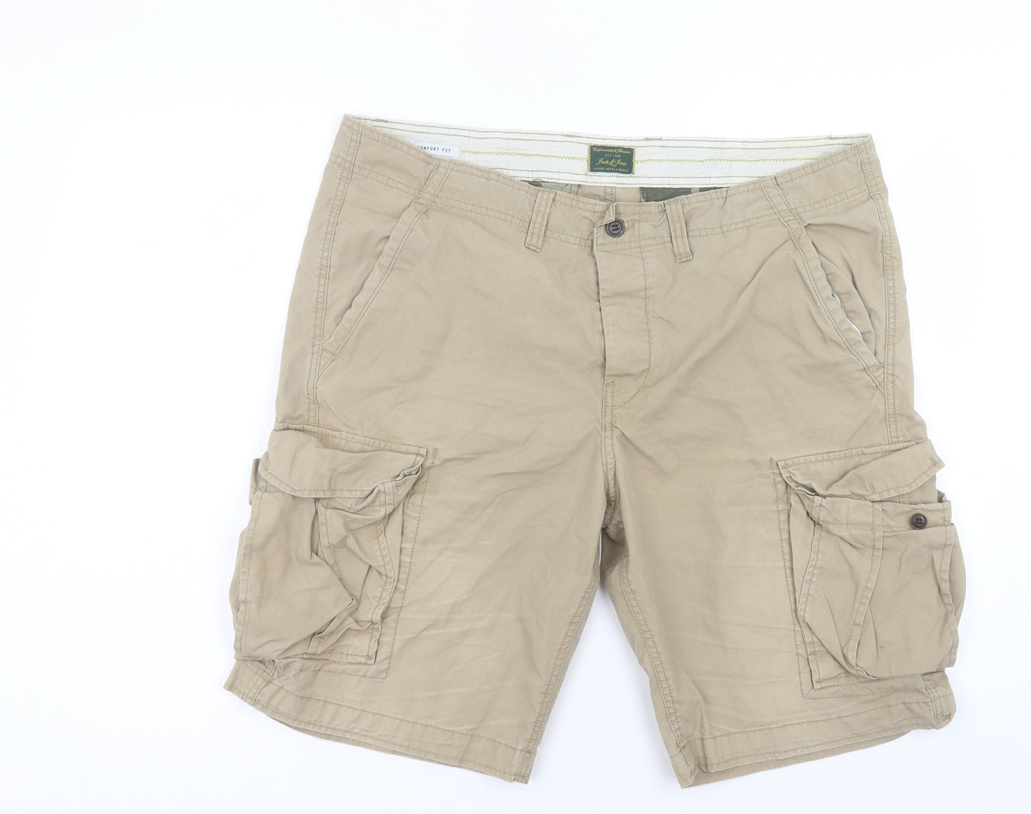 JACK & JONES Mens Beige Cotton Cargo Shorts Size 2XL L10 in Regular Button
