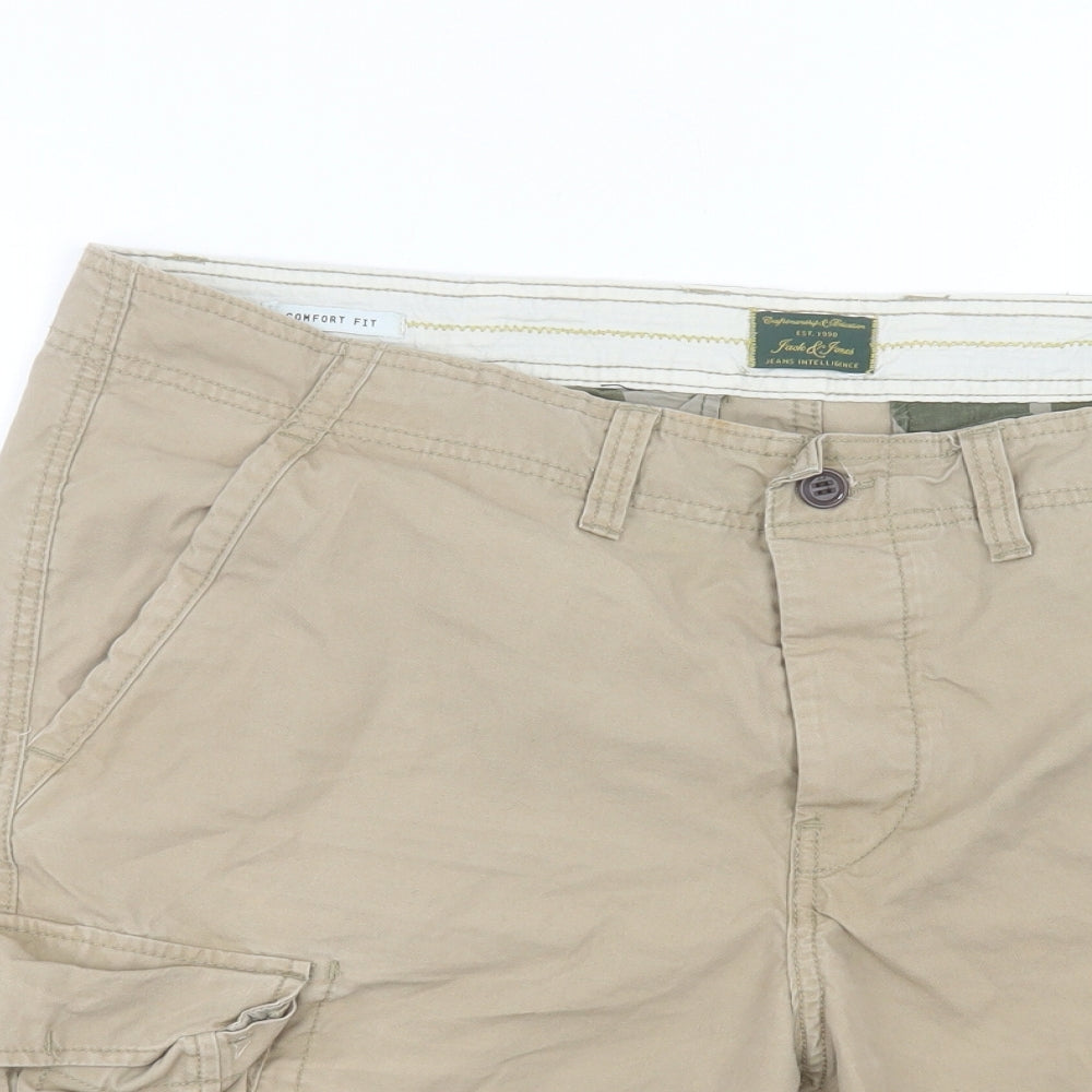 JACK & JONES Mens Beige Cotton Cargo Shorts Size 2XL L10 in Regular Button