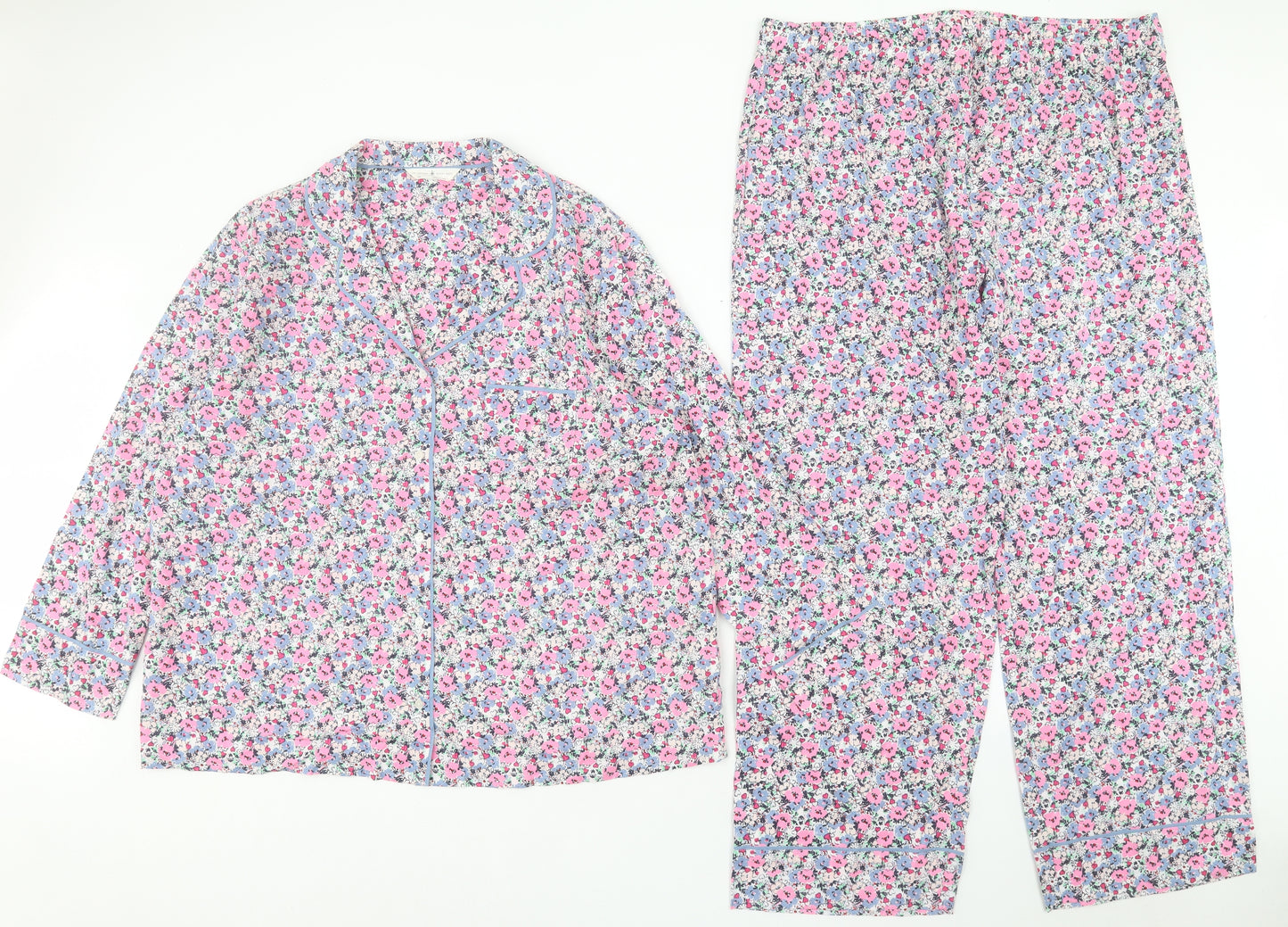 Marks and Spencer Womens Pink Floral Cotton Capri Pyjama Set Size 20 Button