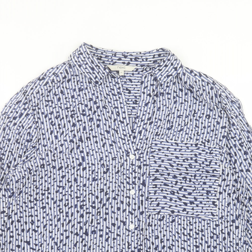 NEXT Womens Blue Animal Print Viscose Basic Button-Up Size 14 Collared - Pocket Detail