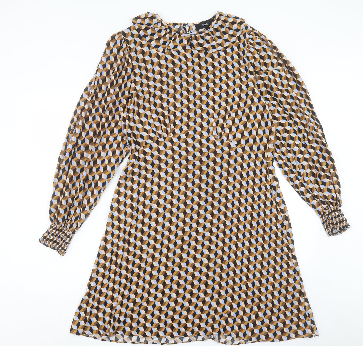 NEXT Womens Orange Geometric Viscose A-Line Size 14 Collared Button