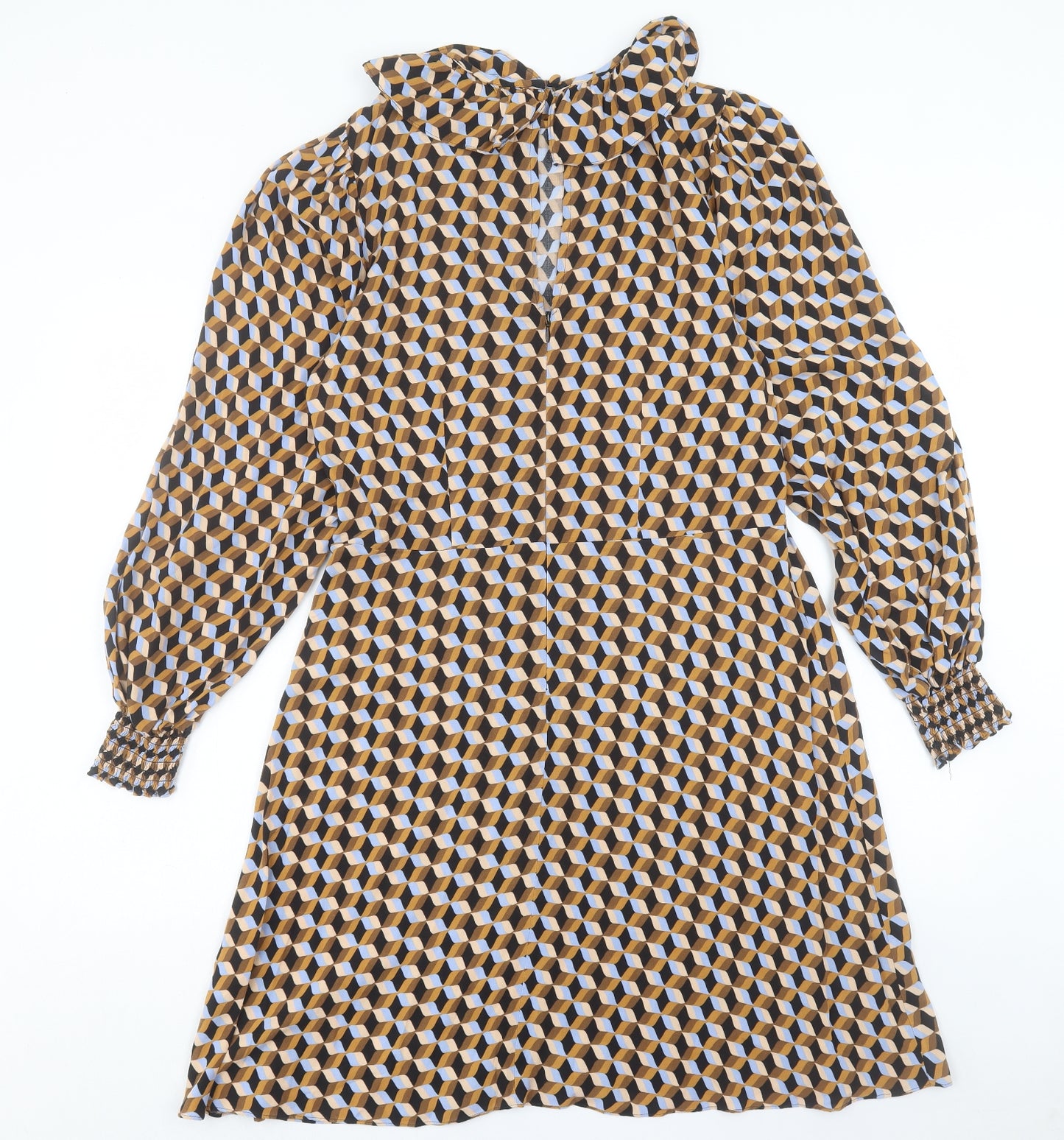 NEXT Womens Orange Geometric Viscose A-Line Size 14 Collared Button