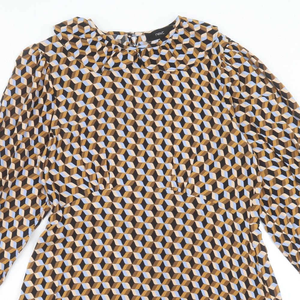 NEXT Womens Orange Geometric Viscose A-Line Size 14 Collared Button