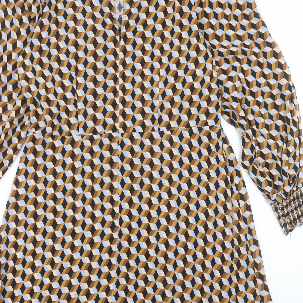 NEXT Womens Orange Geometric Viscose A-Line Size 14 Collared Button