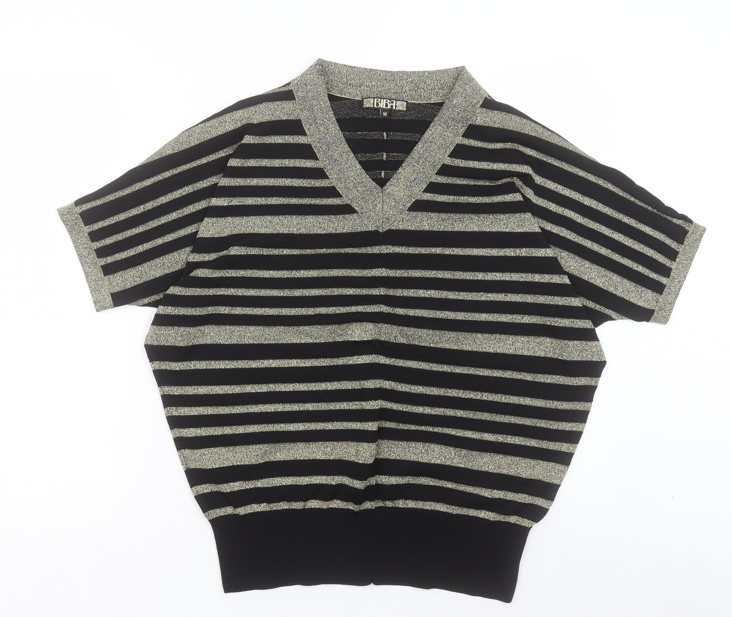 House of Fraser Womens Gold V-Neck Striped Viscose Pullover Jumper Size M