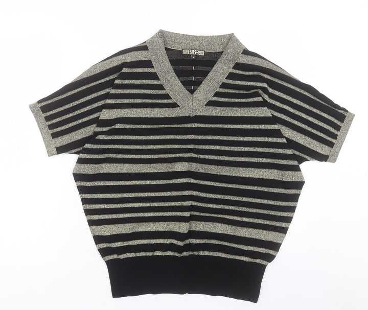 House of Fraser Womens Gold V-Neck Striped Viscose Pullover Jumper Size M